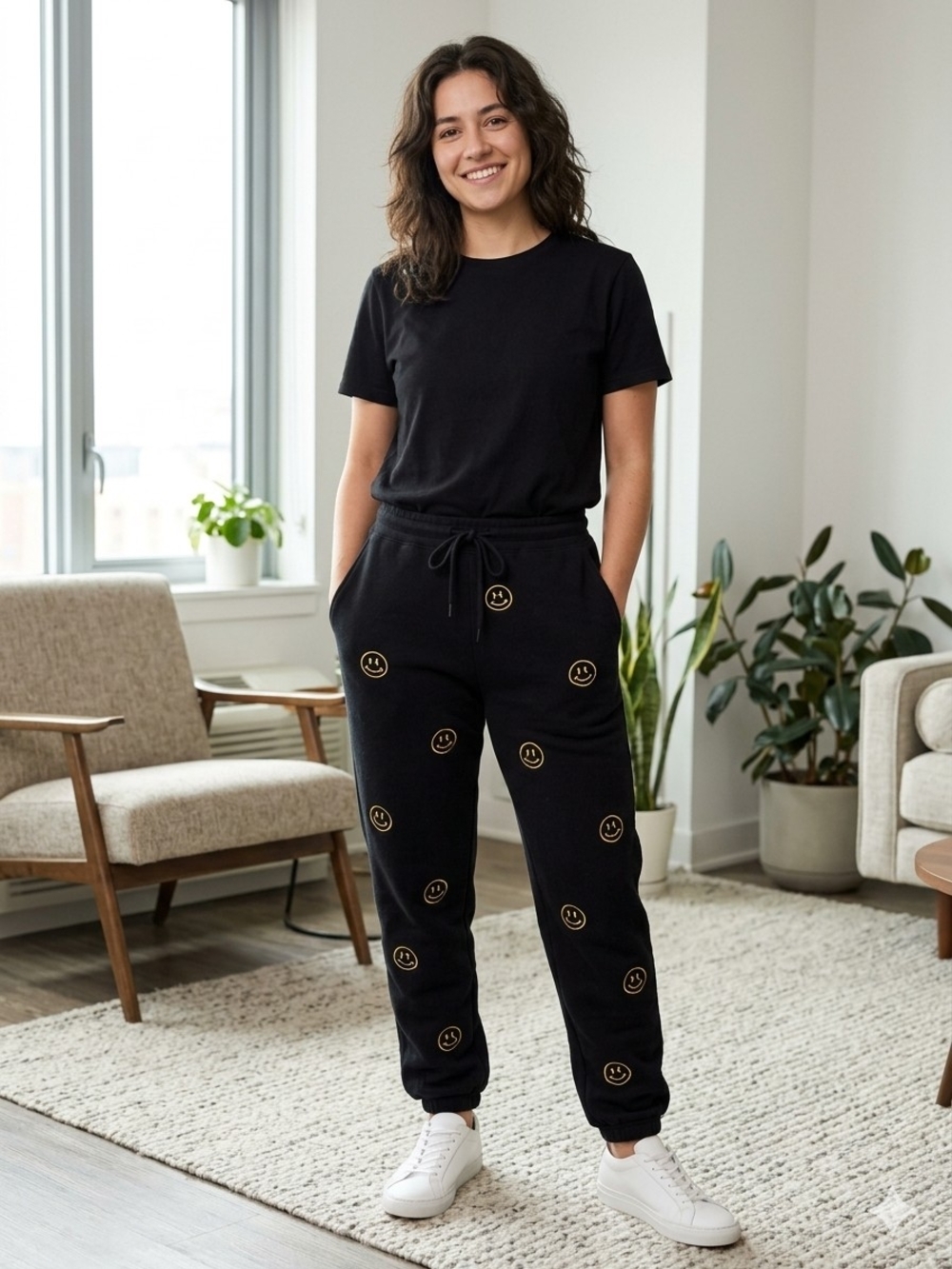 Black Smiley-Embroidered Jogger Pants for Women